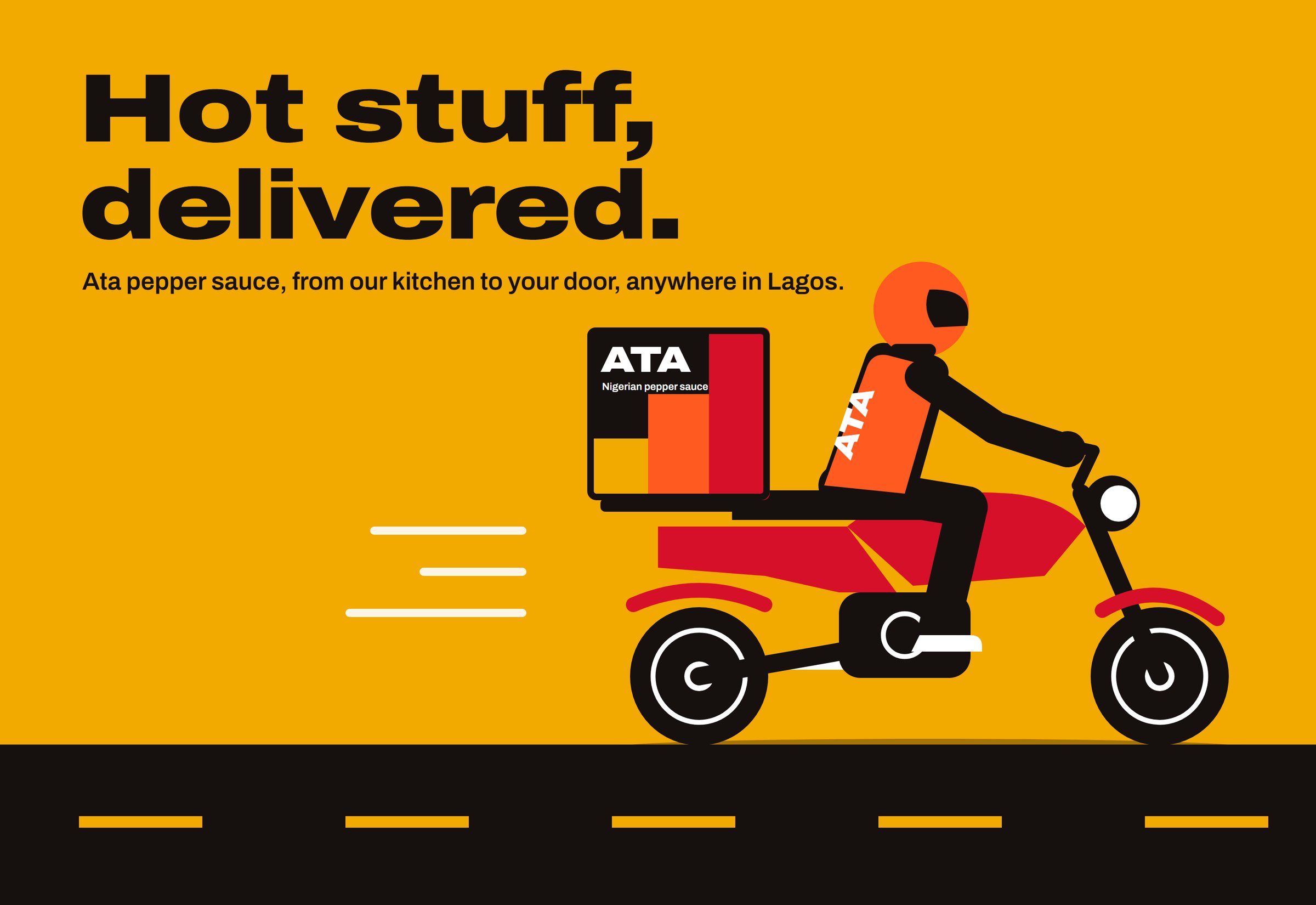 Illustrated Ata delivery bike with branded top box and rider vest