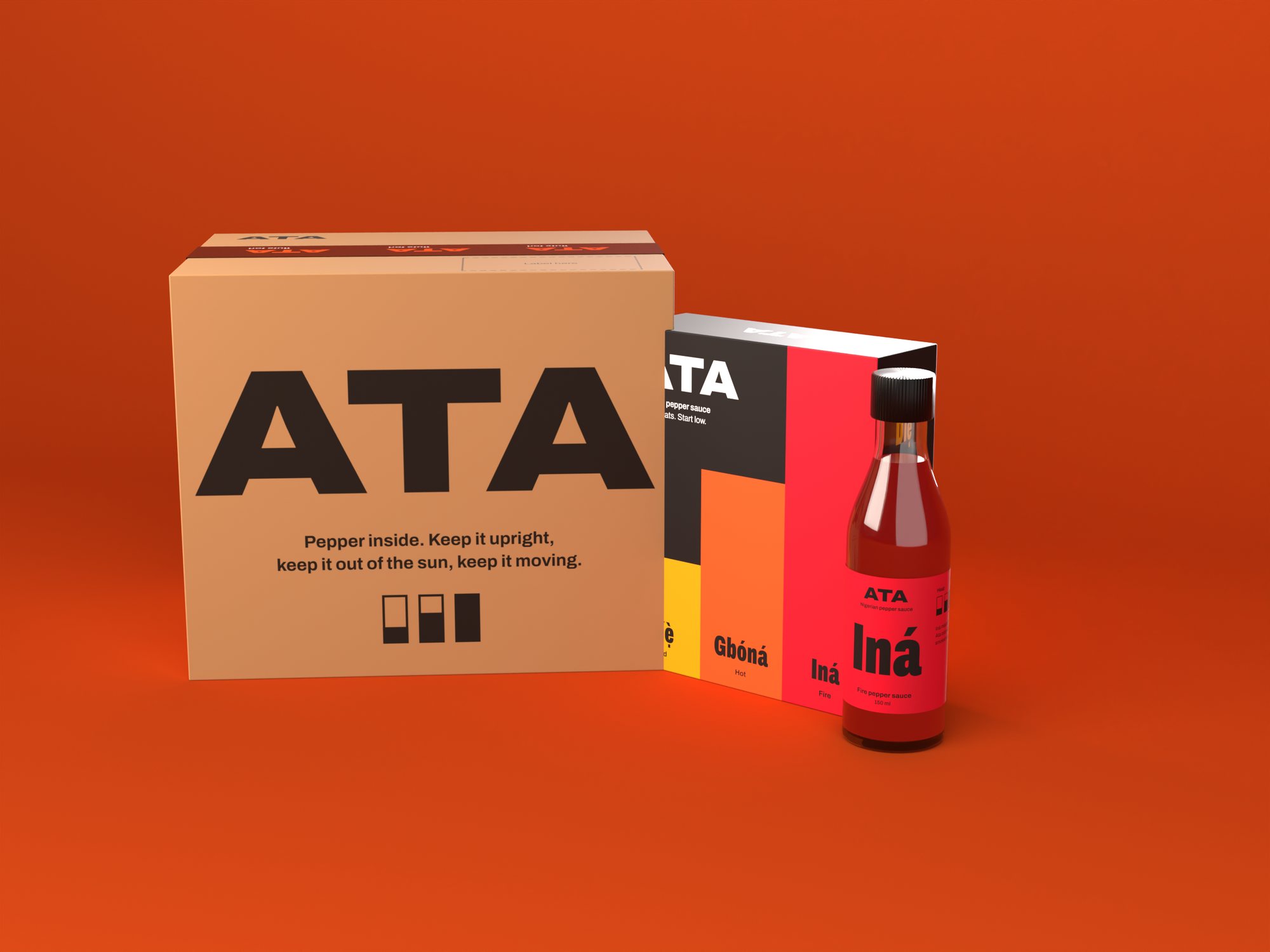 Kraft shipping carton with printed Ata tape, beside the gift box
