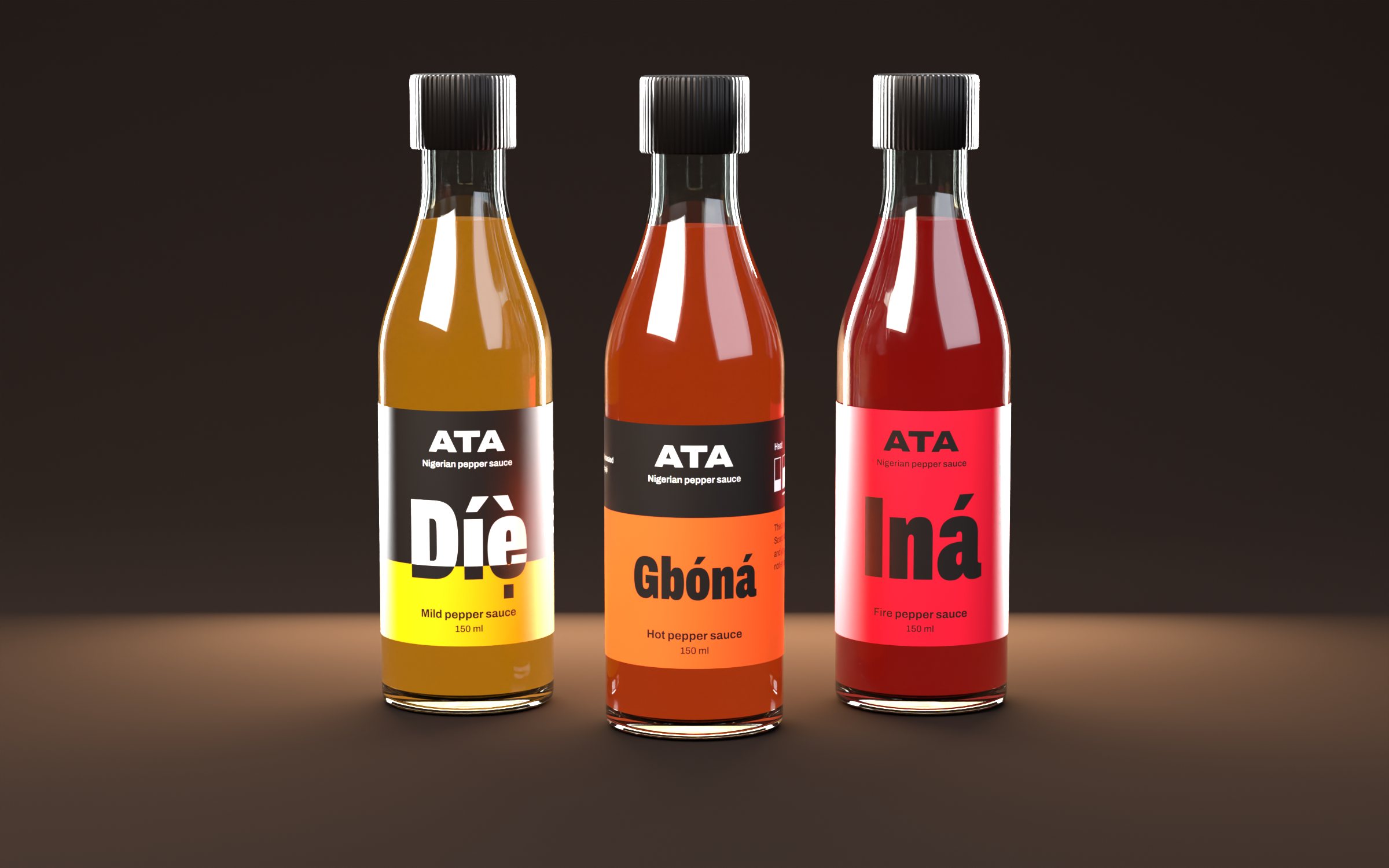 Three Ata bottles, mild, hot and fire, on a dark set