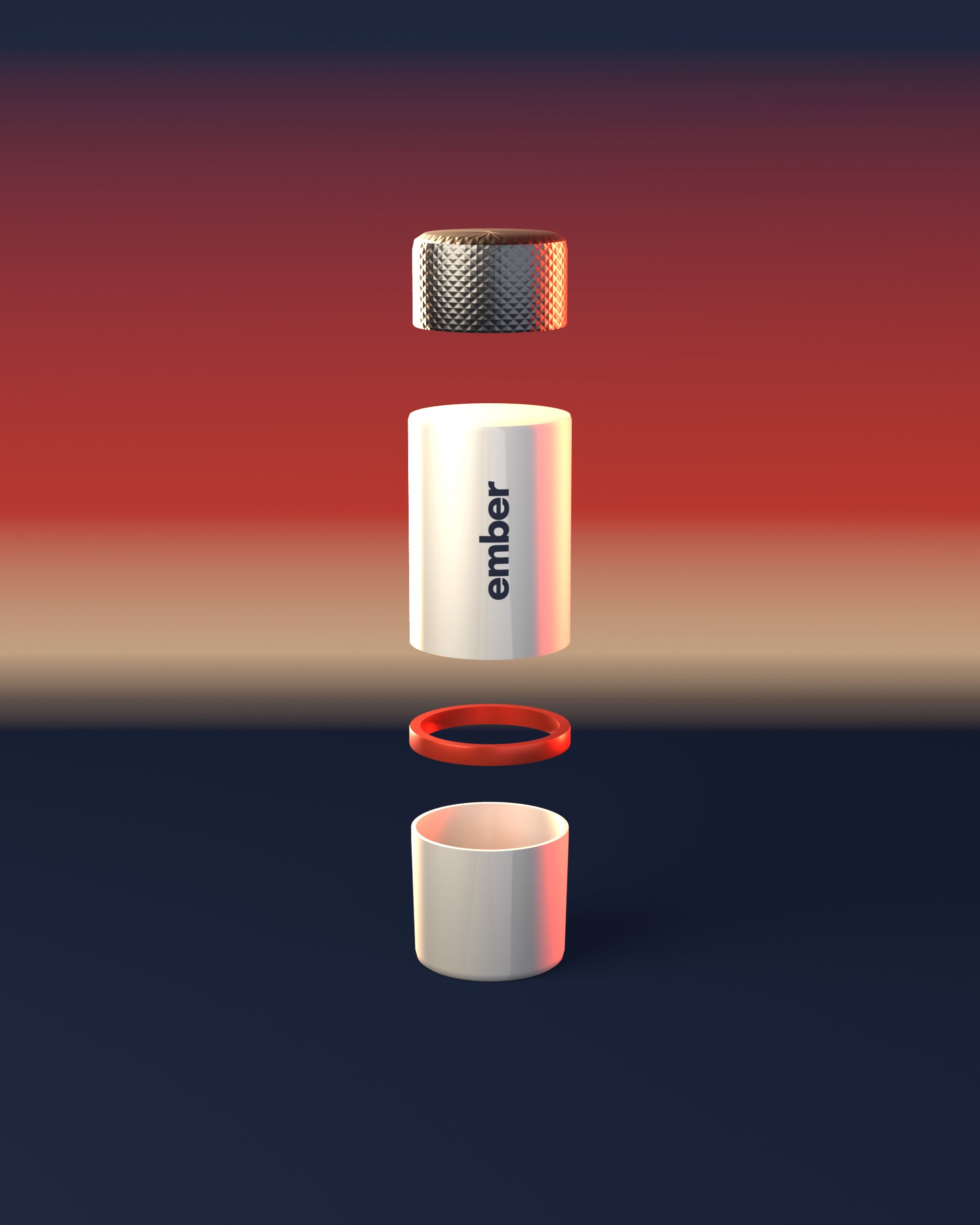 Ember taken apart: cap, tank, ember ring, cup