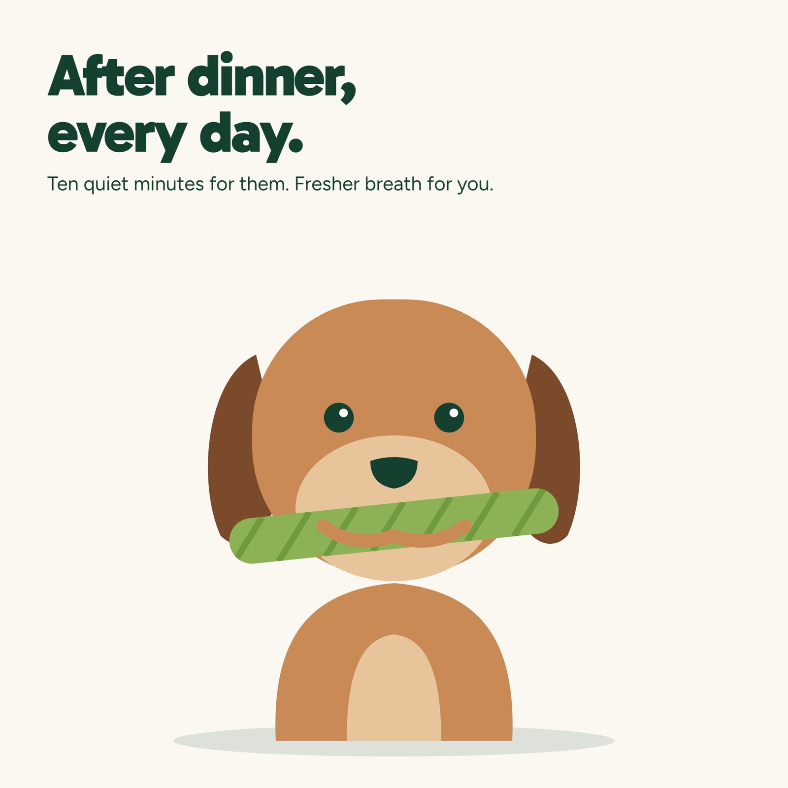 A dog with the chew after dinner